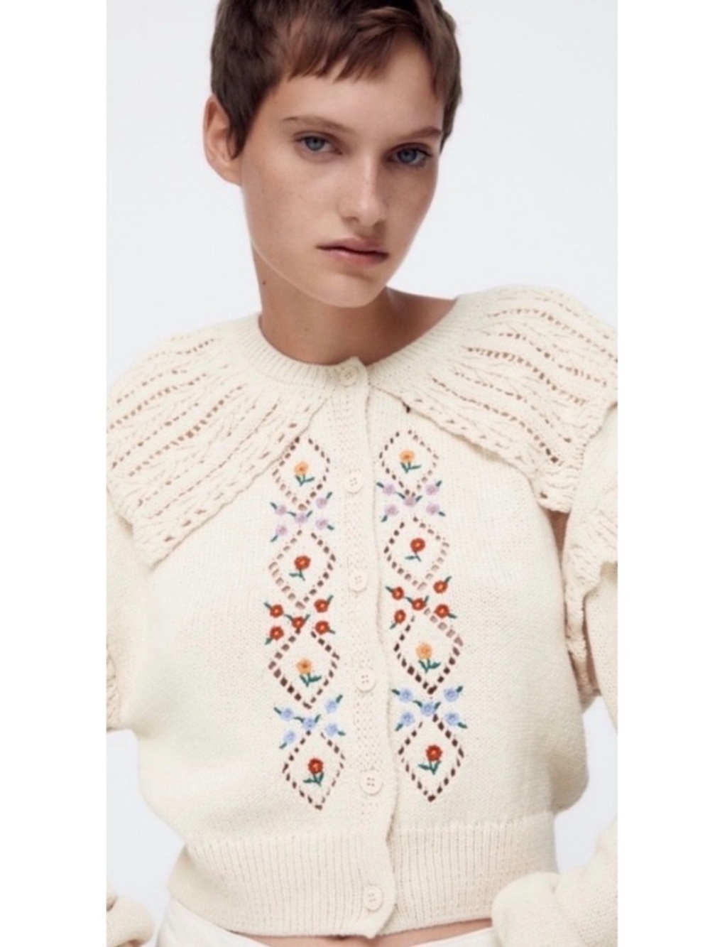 Zara Cream Embroidered Knit Cardigan Sweater